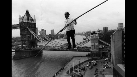 Karl Wallenda walks a tightrope between two corners of the Tower Hotel in London in 1976. Two years later, Wallenda died during a similar walk between two towers of the Condado Plaza Hotel in San Juan, Puerto Rico. He was 73.