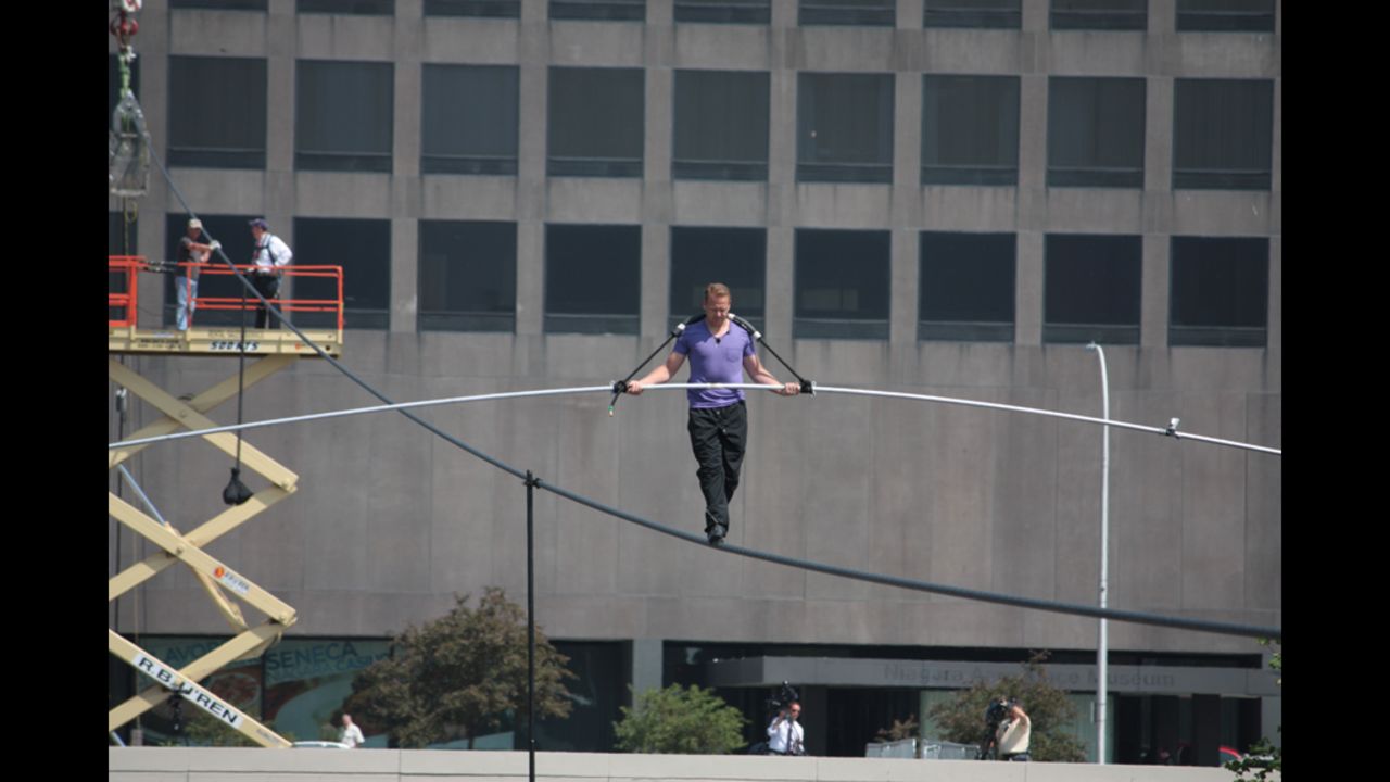 Nik Wallenda rehearses for his attempt to cross Niagara Falls on a wire in the parking lot of the Seneca Niagara Casino in Niagara Falls, New York.