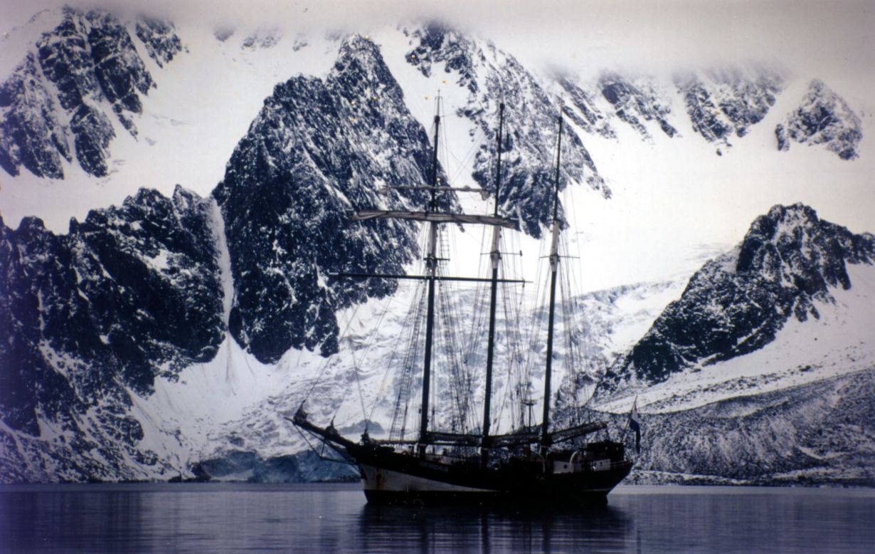 Many of these ships have been beautifully restored and are still in use today. This is the Dutch three-masted schooner "Osterschelde" that was built in 1918 and restored in the 1990s. She still does annual around-the-world trips. Here she is sailing in Norway's Arctic archipelago Svalbard.