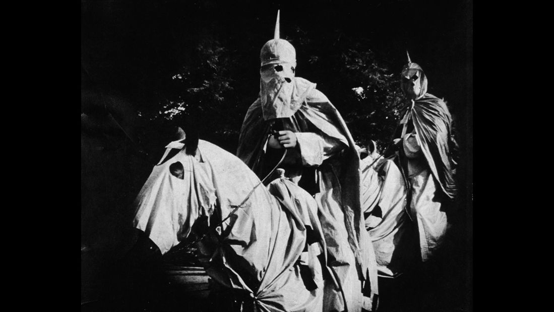 Actors in the silent film "The Birth of a Nation," released in 1915, portrayed Ku Klux Klan members dressed in full regalia and riding horses.