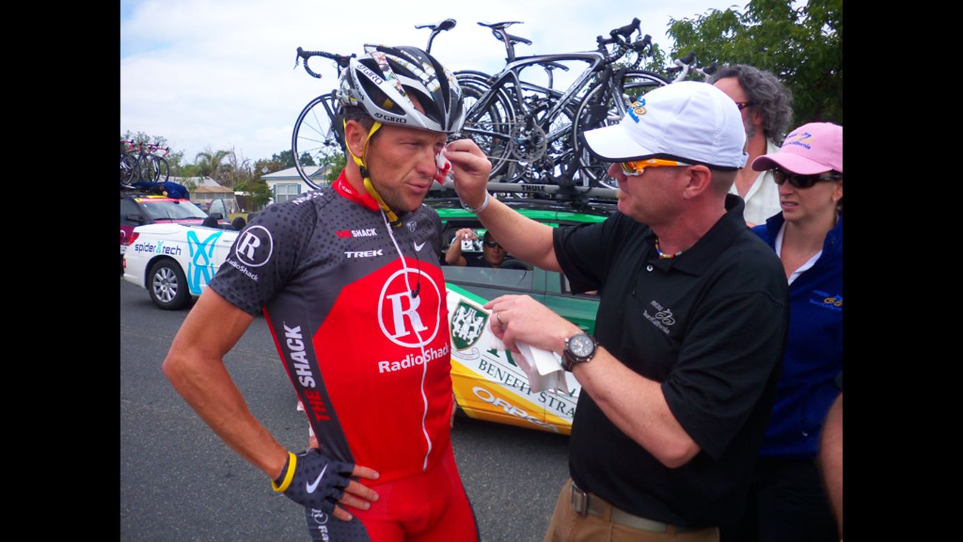 In May 2010, Armstrong crashes during the Amgen Tour of California. That same day, he denied allegations of doping made by former teammate Floyd Landis.