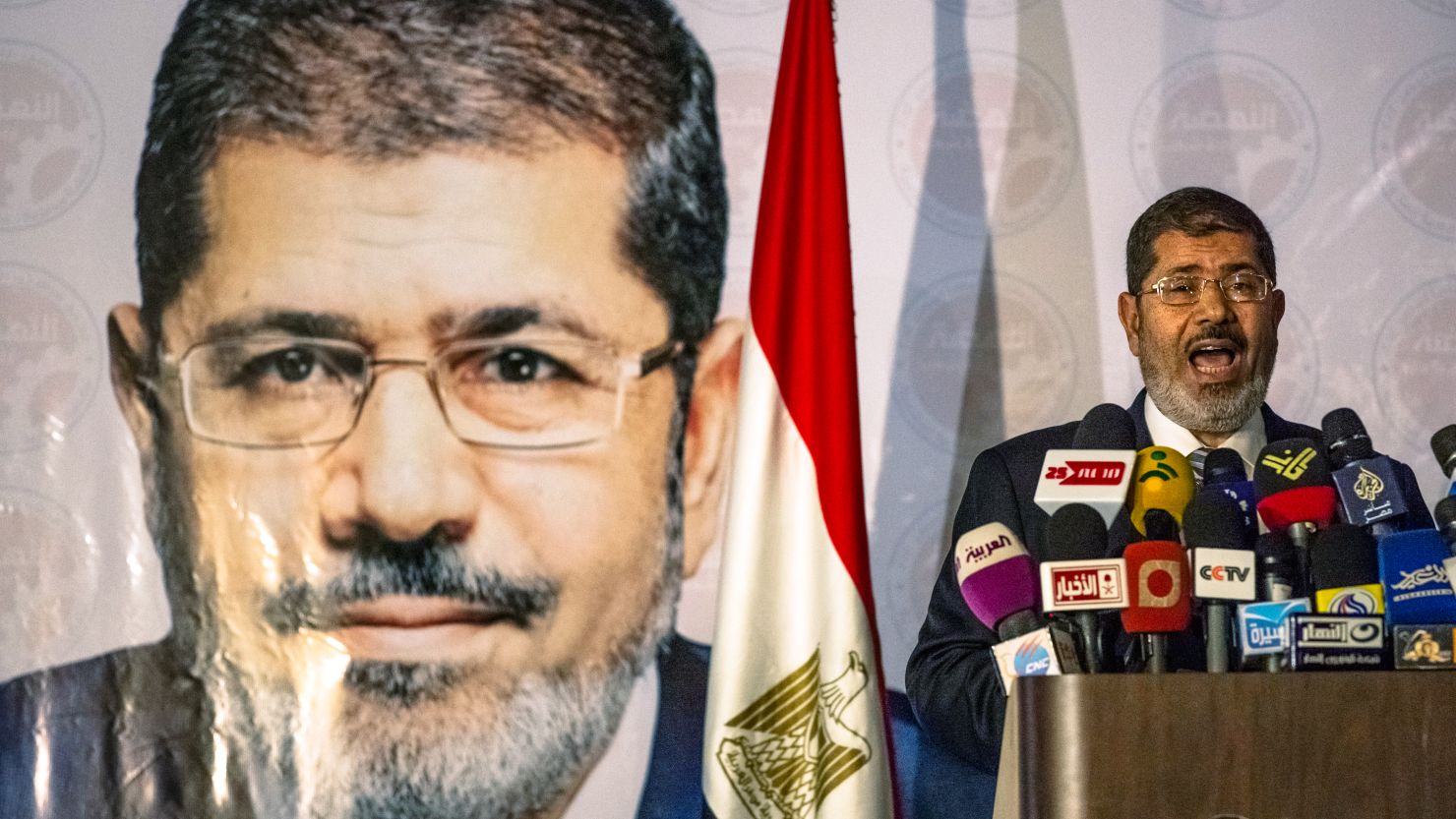 Egyptian presidential candidate Mohamed Morsi of the Muslim Brotherhood speaks at a press conference.