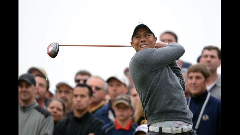 Woods tees off on the 10th hole Thursday.