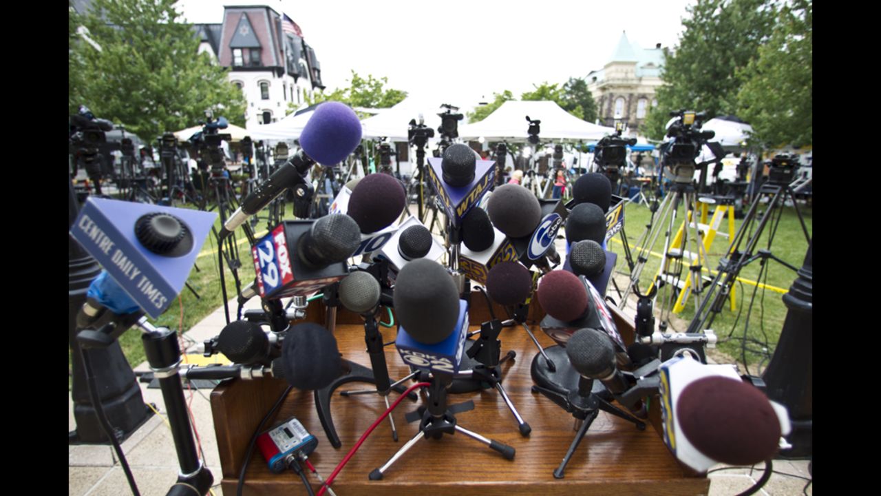 The podium stand outside of Jerry Sandusky's trial on its first day is covered in mics, hinting at the massive media coverage of the event.