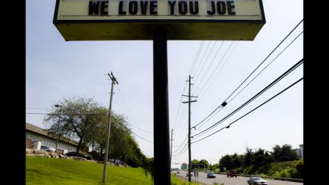 This sign posted on a road near the town of Bellefonte, Pennsylvania, shows support for former Penn State head football coach Joe Paterno.