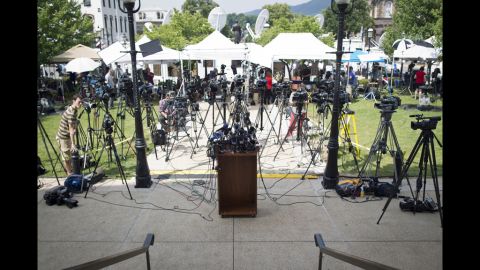 Mics and cameras surround the podium ouside the courthouse where Jerry Sandusky is on trial.