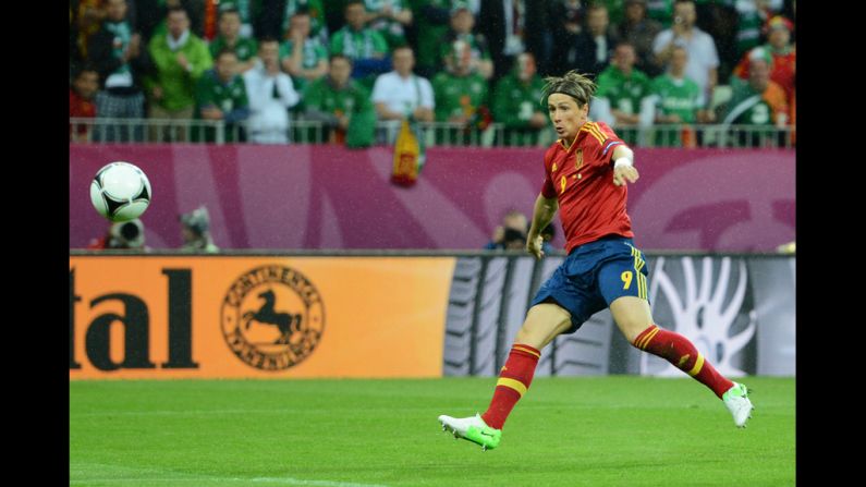 Fernando Torres of Spain scores the team's first goal against Ireland.