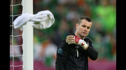 Shay Given of Republic of Ireland tosses the towel during the group C match between Spain and Ireland  in Gdansk, Poland, on Thursday, June 14. 