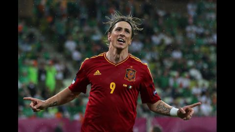 Fernando Torres of Spain celebrates scoring the team's third goal during the match between Spain and Ireland.