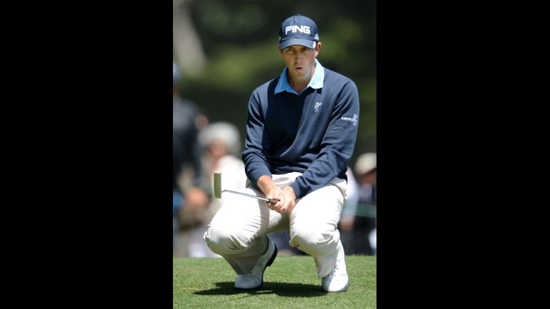 Michael Thompson of the United States reacts to a putt during the first round.