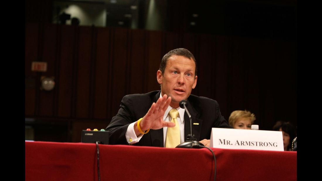 Armstrong testifies during a Senate hearing in 2008 on Capitol Hill. The hearing focused on finding a cure for cancer in the 21st century.