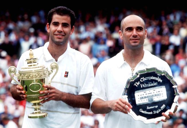Pete Sampras, left, celebrated his sixth Wimbledon success in 1999 after beating Andre Agassi in the final.