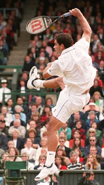 Sampras, here employing his trademark jump smash, matched the alltime Wimbledon record for men's titles held by William Renshaw -- who won seven in the 1880s.