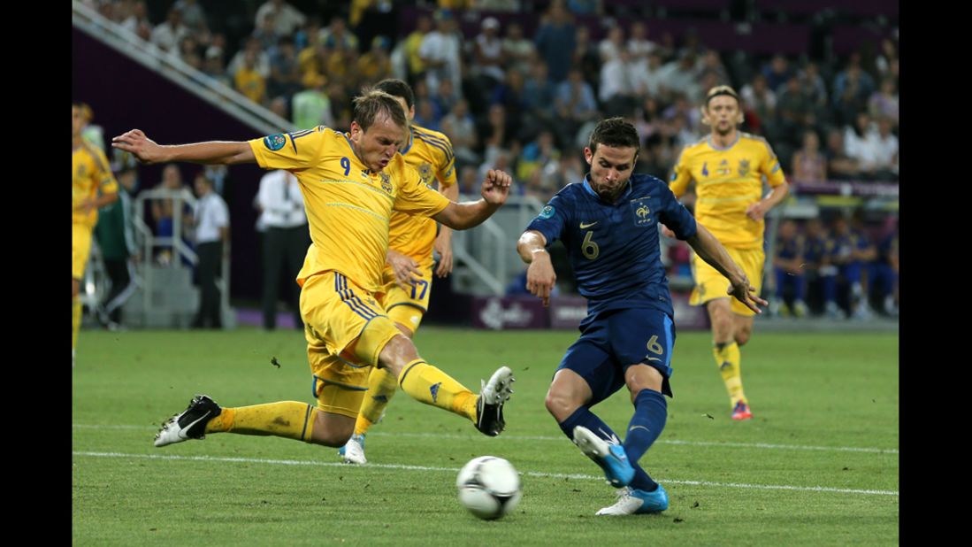 Yohan Cabaye of France scores the second goal past  Oleh Husyev of Ukraine during the match between Ukraine and France.