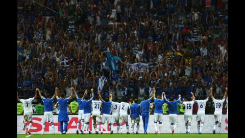 The Greece team celebrate during match between Greece and Russia.