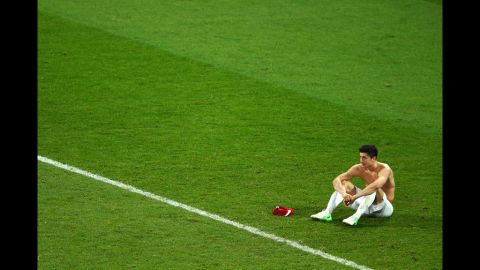Robert Lewandowski of Poland sits dejected at the final whistle during the match between Czech Republic and Poland.