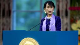 Democracy activist  Aung San Suu Kyi giving her Nobel acceptance speech, 21 years after she was awarded the prize.