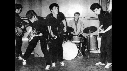 The Silver Beatles, consisting of Stu Sutcliffe (from left), John Lennon, Paul McCartney, Johnny Hutch and George Harrison, perform on stage in Liverpool, England, in 1960.