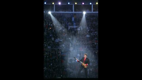 In 2005, McCartney performs during the Super Bowl XXXIX halftime show in Jacksonville, Florida.