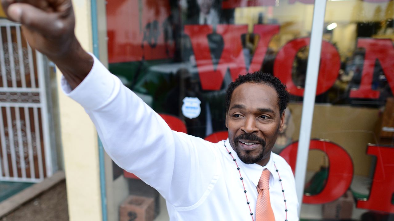 Rodney King gestures prior to the presentation of his autobiographical book 'The Riot Within...My Journey from Rebellion to Redemption' at the Eso Won Book Store in Los Angeles, California, on April 30, 2012.  The 1992 police beating of  Rodney King sparked the LA riots that left more than 50 people dead.    AFP PHOTO /JOE KLAMAR        (Photo credit should read JOE KLAMAR/AFP/GettyImages)