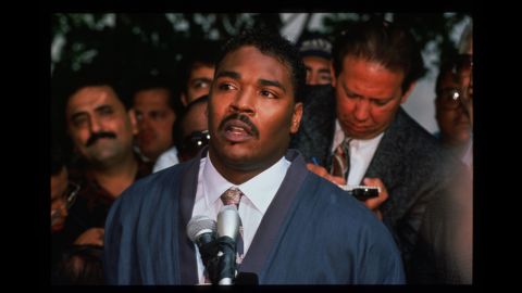 Rodney King pleads for rioters to end the violence during a news conference in front of his lawyer's office on May 1 saying, "People, I just want to say, can we all get along? Can we get along? Can we stop making it horrible for the older people and the kids?"