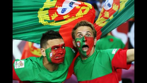 Fans of Portugal rally ahead of the team's match against Netherlands in Metalist Stadium.