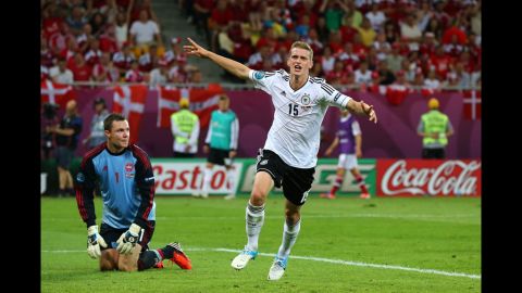 Germany's Lars Bender celebrates during the match against Denmark.