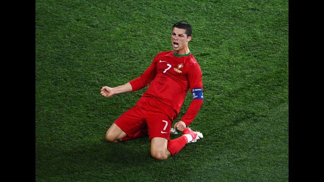 Cristiano Ronaldo of Portugal reacts to his goal against  the Netherlands.