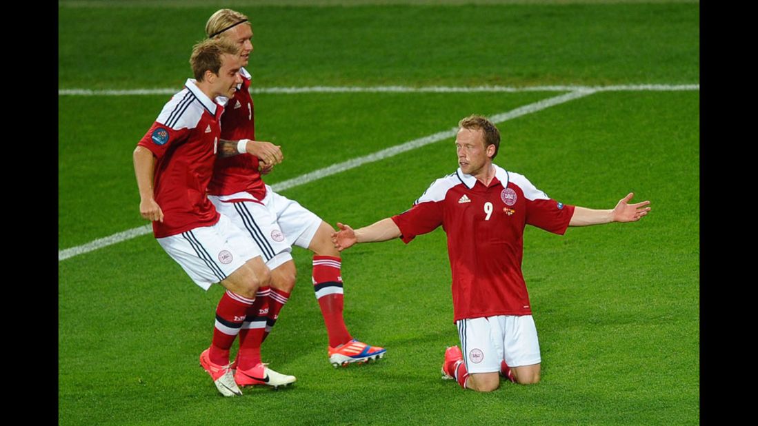 Michael Krohn-Dehli of Denmark reacts after scoring the first goal against Germany.