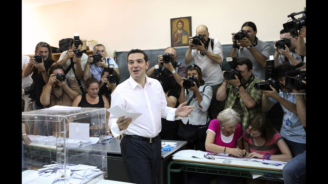 Alexis Tsipras, the candidate of Greece's Syriza party, casts his vote in the second round of general elections at a polling station in Athens on Sunday.