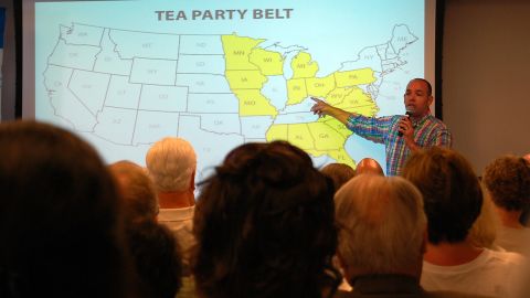 FreedomWorks' Russ Walker shows activists a map of the "tea party belt," states where the movement has had success.