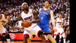 LeBron James gets ready to take a shot against the Thunder's Nick Collison.