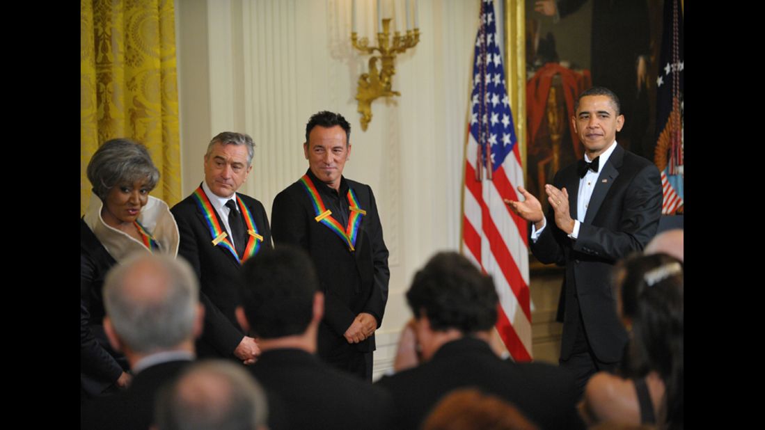 Springsteen joins opera singer Grace Bumbry and actor Robert De Niro at a December 2009 reception for Kennedy Center honorees hosted by President Barack Obama at the White House.