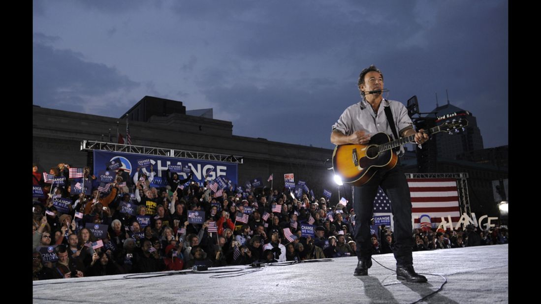Springsteen performs at a rally for then-presidential candidate Barack Obama in Cleveland on November 2, 2008, two days before the election.