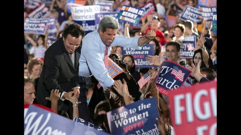Springsteen, who has earned a reputation for being outspoken about his political views, greets supporters with Democratic presidential candidate Sen. John Kerry at a Miami rally shortly before the 2004 election.
