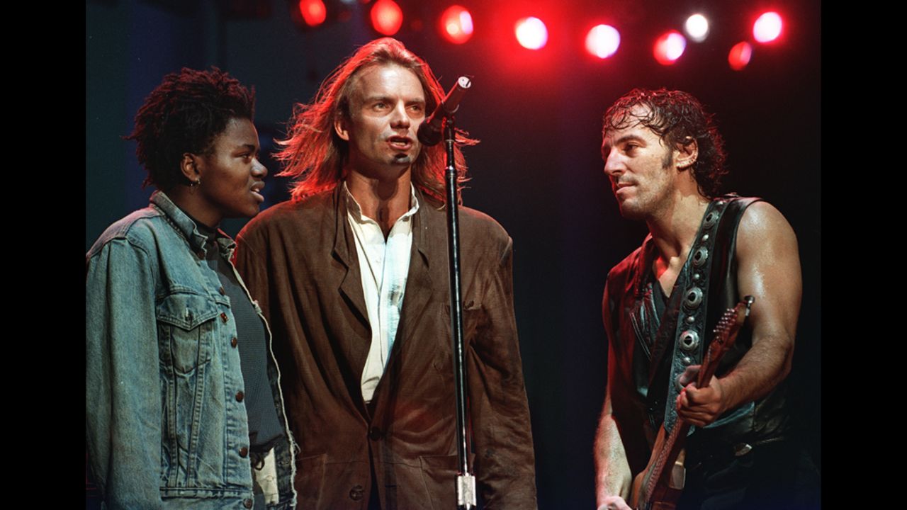 Tracy Chapman, Sting and Springsteen appear at an Amnesty International benefit concert in 1988 in Philadelphia.