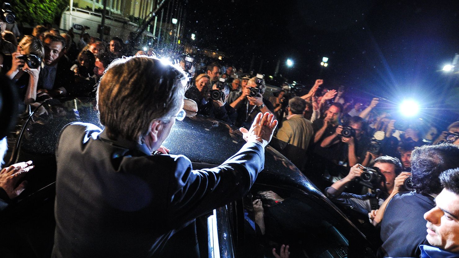 New Democracy party leader Antonis Samaras waves to supporters after a press conference in Athens, on June 17, 2012. 