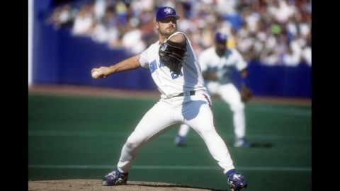 Clemens pitches for the Toronto Blue Jays at the Sky Dome in Toronto. He played for the team from 1997 to 1998.