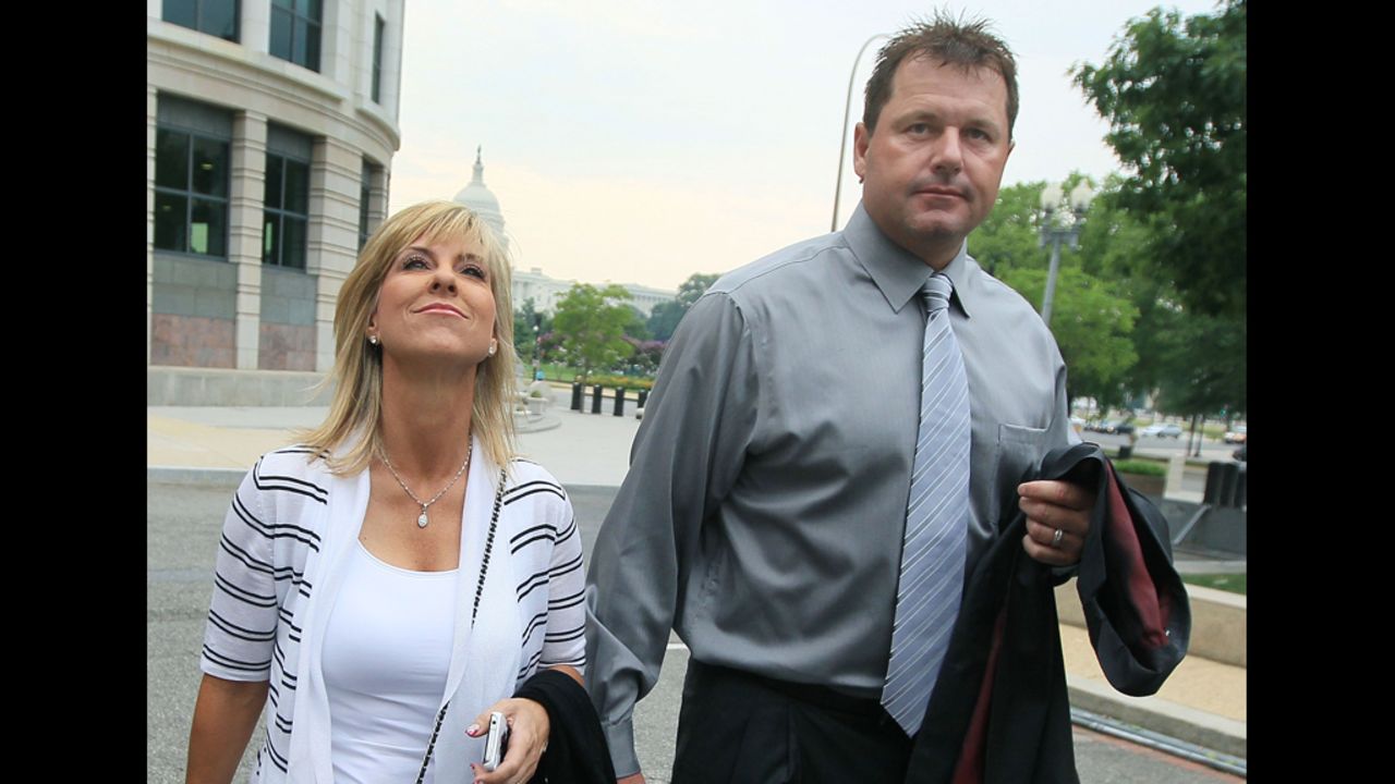Clemens and his wife, Debbie Clemens, arrive at the U.S. District Court on July 6, 2010, in Washington, where he was on trial for perjury charges.