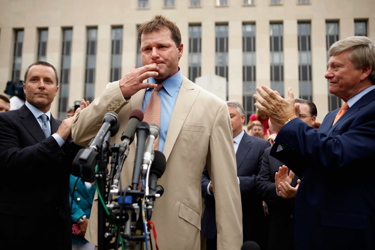 Roger Clemens speaks to the media in Washington on Monday, June 18, after he was found not guilty of lying to Congress during an investigation of steroid use among Major League players. Click through the gallery for a look back at his career.