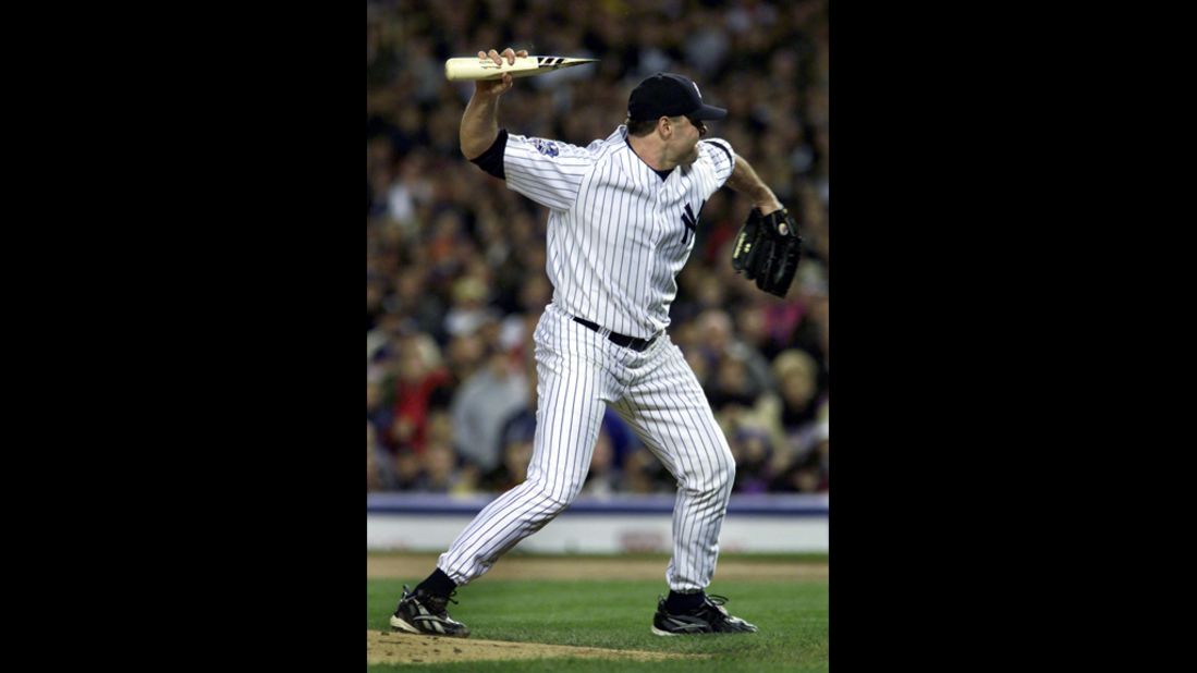 While pitching for the New York Yankees, Clemens throws a piece of a shattered bat at Mike Piazza of the New York Mets during game two of the 2000 World Series. The incident led to a dugout-emptying confrontation between the two teams.