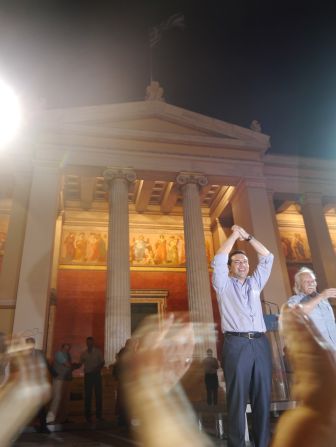 Alexis Tsipras, Syriza leader, greets his supporters in central Athens after the country's general election on June 17, 2012