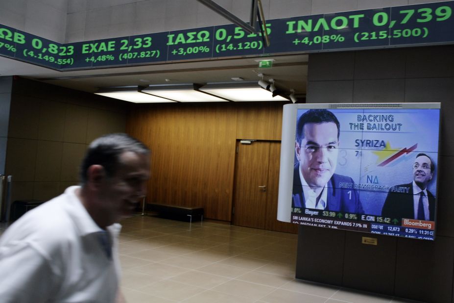 The Athens stock exchange on June 18, 2012. The election victory of the pro-bailout New Democracy party eased fears of a Greek eurozone exit and brought relief to world markets. 
