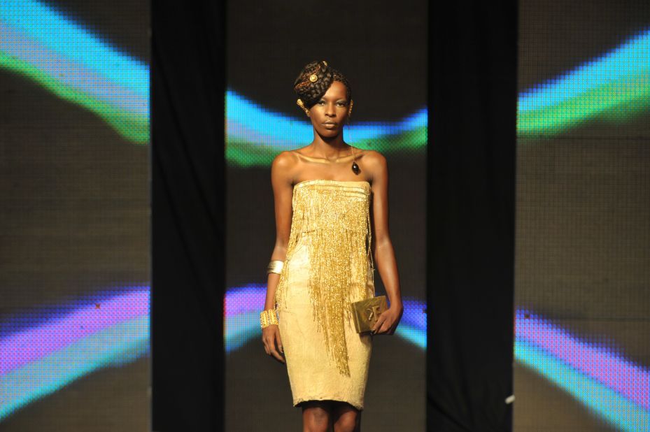 A model takes to the catwalk in an outfit by Lebanese-Ivorian designer Elien Kuame. 