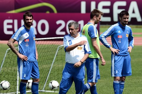 Greece coach Fernando Santos leads a training session for his squad ahead of the quarterfinal clash with Germany in Euro 2012.