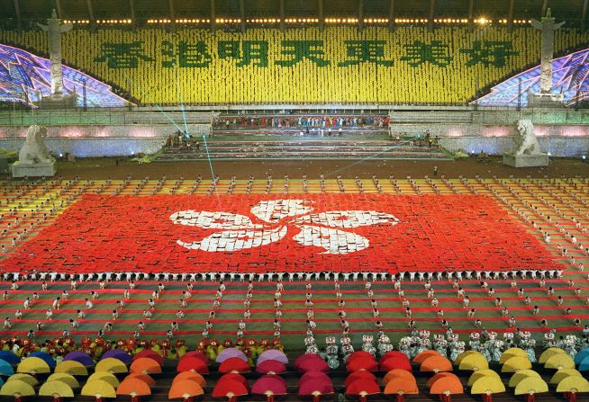 Perfomers in Beijing form the new Hong Kong flag at a rehearsal for a gala performance in honor of Hong Kong's return to Chinese rule. President Jiang Zemin was due to attend the performance on the evening of July 1 after returning from the handover ceremony in Hong Kong.