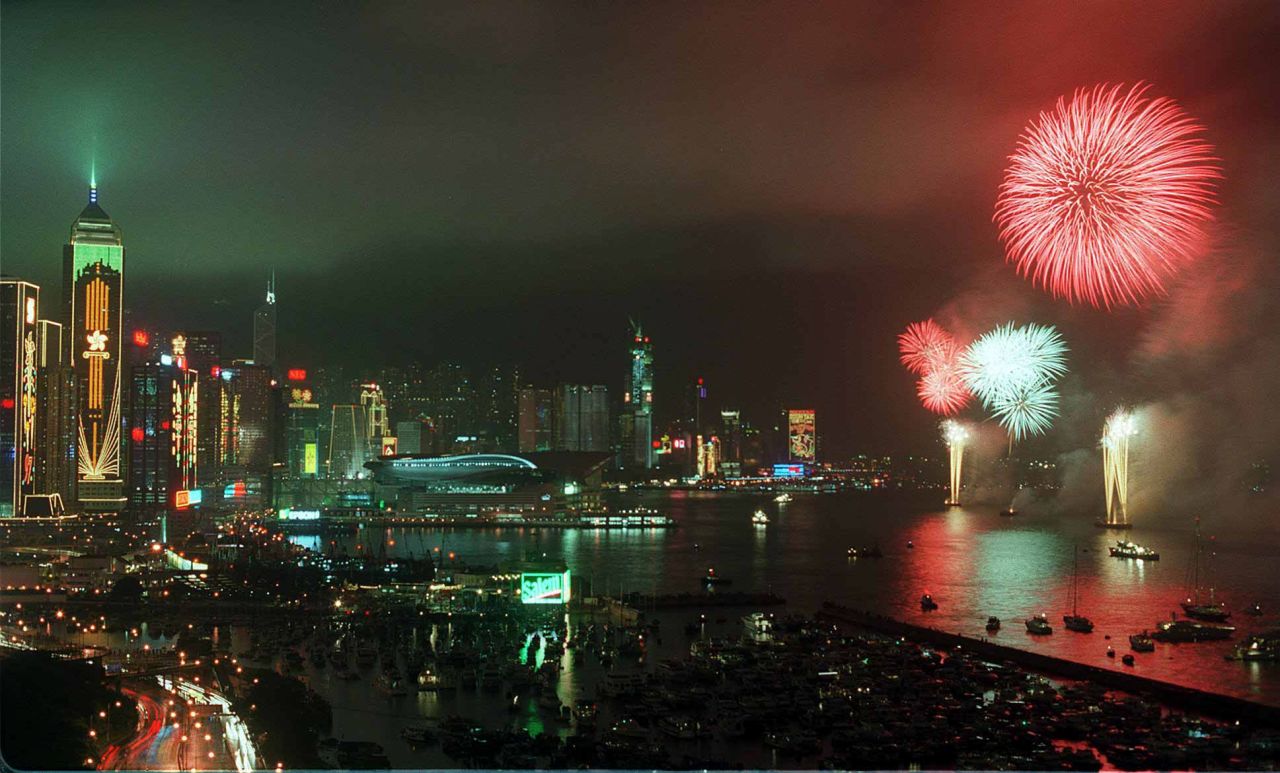Fireworks light up Hong Kong's Victoria Harbour on the night of June 30, 1997, to mark the British withdrawal from the territory.