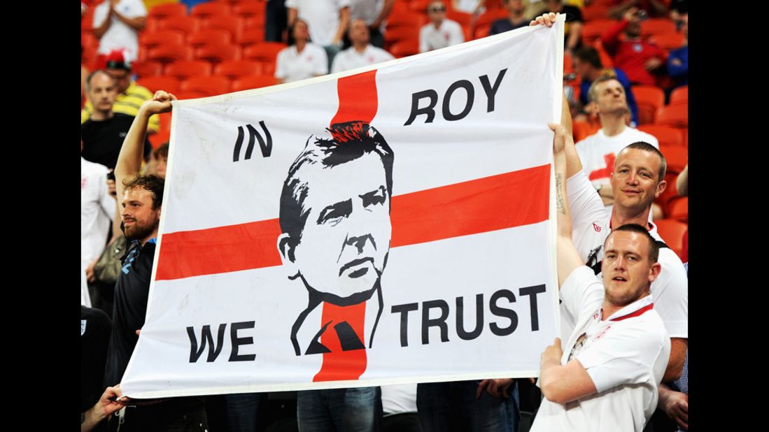 England's fans get ready for the match against Ukraine at Donbass Arena in Donetsk, Ukraine.