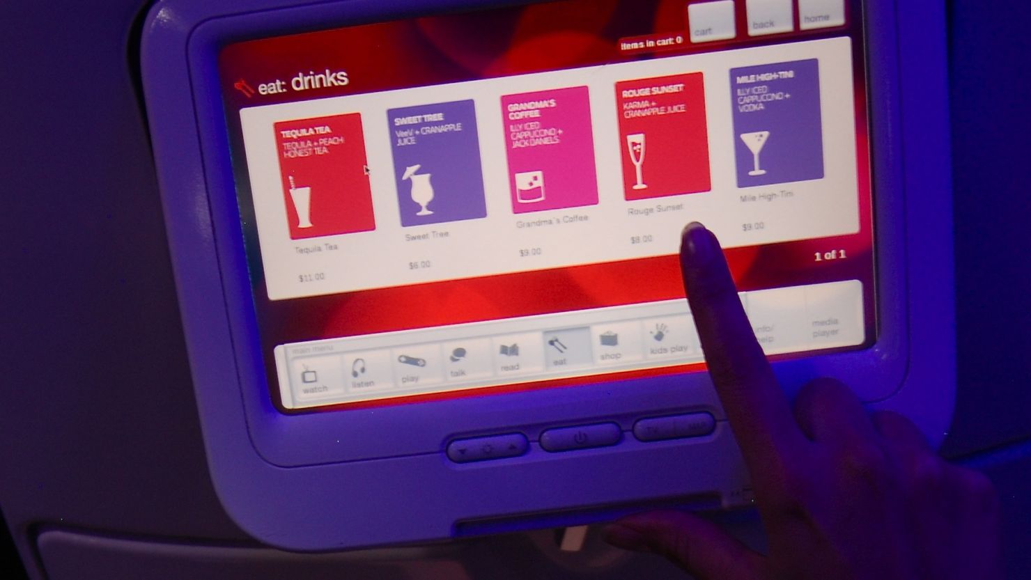 Virgin Atlantic offers touchscreen ordering for snacks to expedite the arrival of in-flight sustenance.