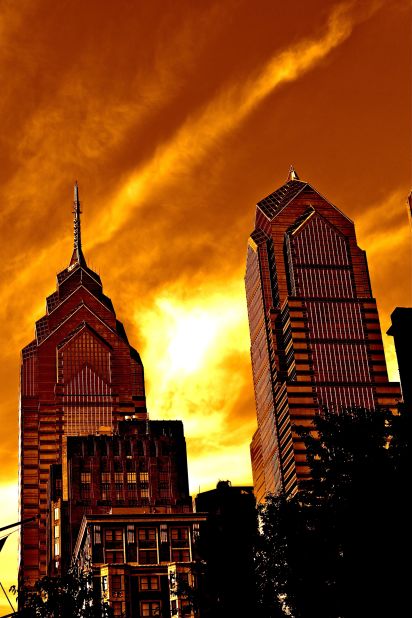 The Philadelphia skyline is viewed during sunset at Citizens Bank